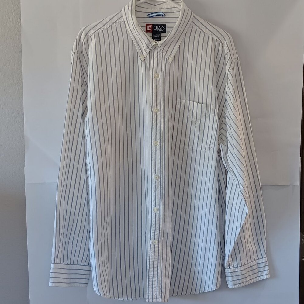 CHAPS White Button Down Shirt With Blue Stripes Size XL